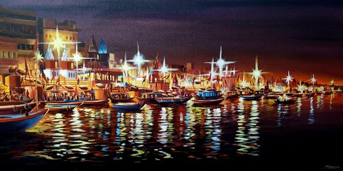 Night Reflections Varanasi de Samiran Sarkar, Pintura a la venta en Singulart
