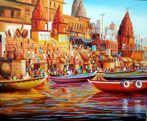 Colorful Morning Varanasi Ghats Painting par Samiran Sarkar, Peinture en vente sur Singulart