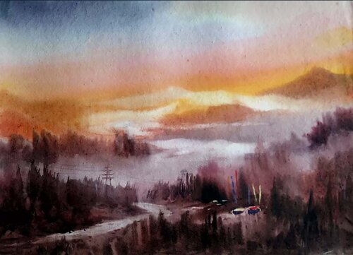 Himalayan Mountain Sunset van Samiran Sarkar, Werk op papier te koop op Singulart
