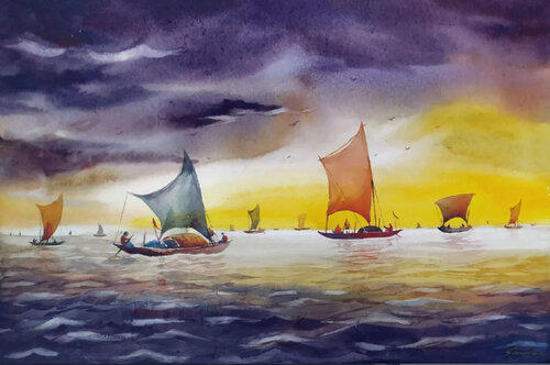 Stormy River & Boats de Samiran Sarkar, Obra en papel a la venta en Singulart