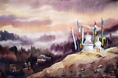 Buddhist Stupa at Sunset Himalaya di Samiran Sarkar, Opera su carta in vendita su Singulart