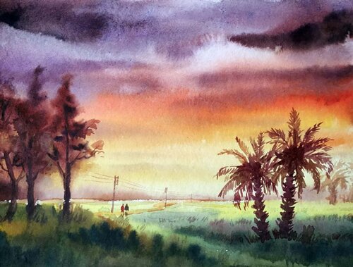 Rural Cloudy Sunset par Samiran Sarkar, Œuvre sur papier en vente sur Singulart