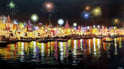 Festival Evening Varanasi Ghats Painting par Samiran Sarkar, Peinture en vente sur Singulart