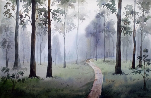 Misty Foggy Himalayan Mountain Forest par Samiran Sarkar, Œuvre sur papier en vente sur Singulart