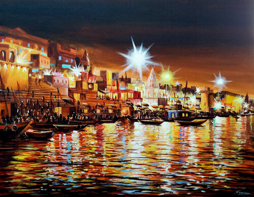 Festival Night Varanasi Ghats von Samiran Sarkar, Malerei kaufen auf Singulart