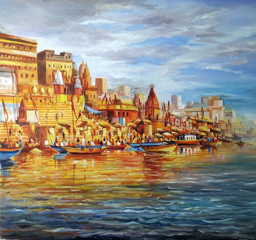 Varanasi Ghats At Cloudy Morning par Samiran Sarkar, Peinture en vente sur Singulart