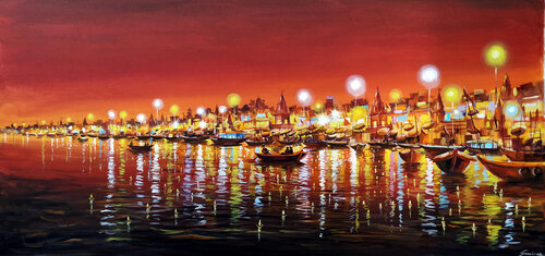 Festival Night Varanasi Ghats by Samiran Sarkar, Painting for Sale on Singulart