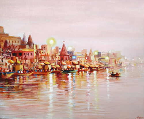 Early Morning Varanasi Ghats Painting by Samiran Sarkar, Painting for Sale on Singulart