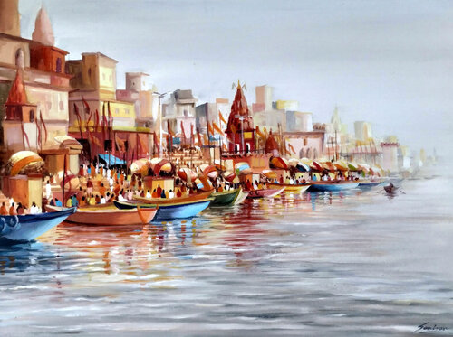 Early Morning Varanasi Ghats Painting di Samiran Sarkar, Pittura in vendita su Singulart