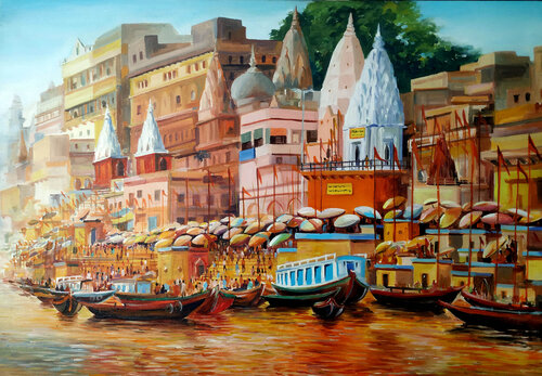 Colorful Morning Varanasi Ghats von Samiran Sarkar, Malerei kaufen auf Singulart