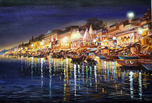 Beauty of Night Varanasi di Samiran Sarkar, Pittura in vendita su Singulart