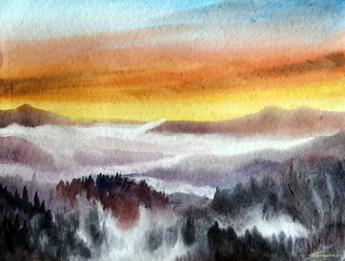 Cloudy Himalayan Mountain Sunset by Samiran Sarkar, Work on Paper for Sale on Singulart
