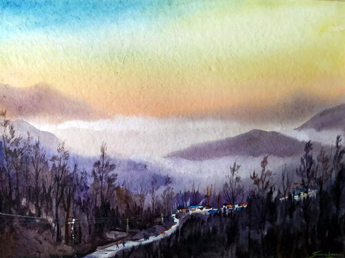Cloudy Himalayan Sunset by Samiran Sarkar, Work on Paper for Sale on Singulart