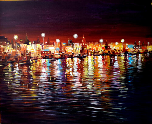 Beauty of Night Reflections Varanasi Ghats- Acrylic Painting di Samiran Sarkar, Pittura in vendita su Singulart