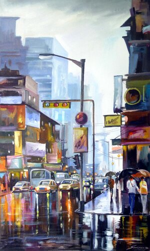 After Rain Evening City Street di Samiran Sarkar, Pittura in vendita su Singulart