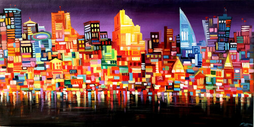 Abstract Night City - Acrylic on Canvas von Samiran Sarkar, Malerei kaufen auf Singulart