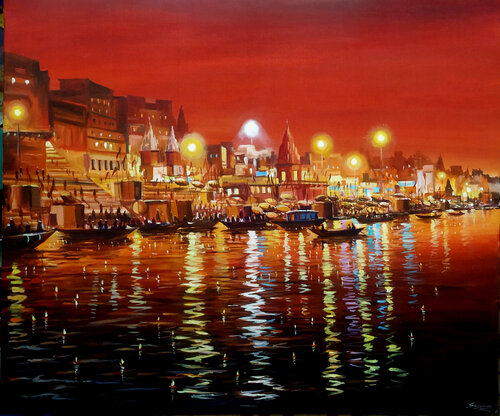Beauty of Night Reflections Varanasi Ghats par Samiran Sarkar, Peinture en vente sur Singulart