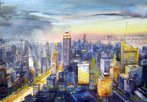 Sunset New York Skyline Watercolor on Paper Painting Samiran Sarkar
