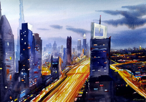Top Night City View Watercolor on Paper Painting di Samiran Sarkar, Opera su carta in vendita su Singulart