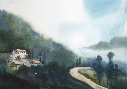 Monsoon Himalaya Village - Watercolor on Paper Painting di Samiran Sarkar, Opera su carta in vendita su Singulart