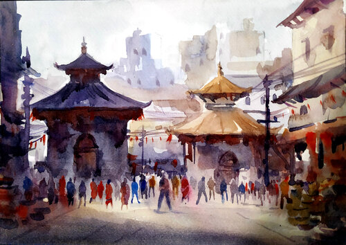 Kathmandu Morning Street de Samiran Sarkar, Pintura a la venta en Singulart