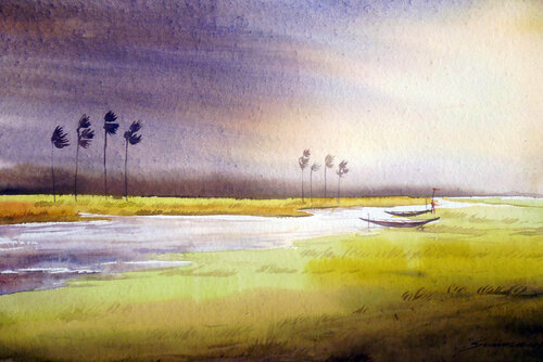 Stormy Rural River - Watercolor on Paper Painting de Samiran Sarkar, Obra en papel a la venta en Singulart