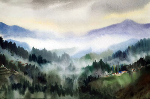 Early Morning Cloudy Himalayan Landscape di Samiran Sarkar, Opera su carta in vendita su Singulart