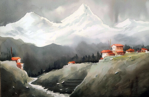 Mysterious Mountain Himalayan Landscape de Samiran Sarkar, Obra en papel a la venta en Singulart