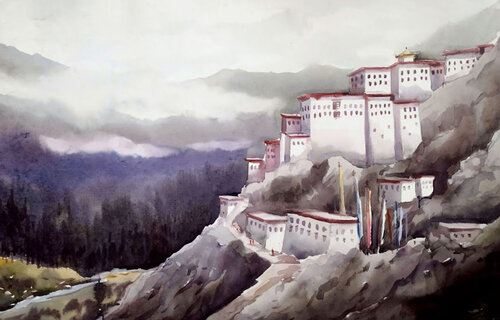 Misty Himalayan Monastery von Samiran Sarkar, Werk auf Papier kaufen auf Singulart