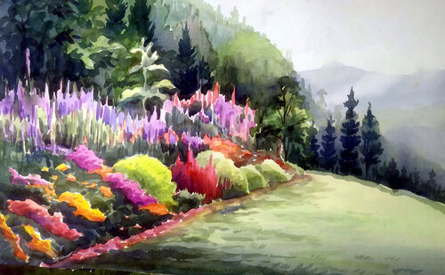 Flowers Garden inside a Mountain Forest par Samiran Sarkar, Œuvre sur papier en vente sur Singulart