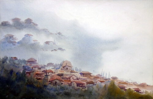 Foggy Cloudy Himalayan Mountain Village de Samiran Sarkar, Obra en papel a la venta en Singulart