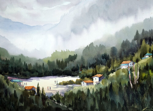 Himalaya Mountain Village van Samiran Sarkar, Werk op papier te koop op Singulart