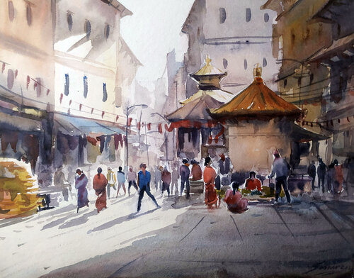 Morning Street at Kathmandu de Samiran Sarkar, Pintura a la venta en Singulart