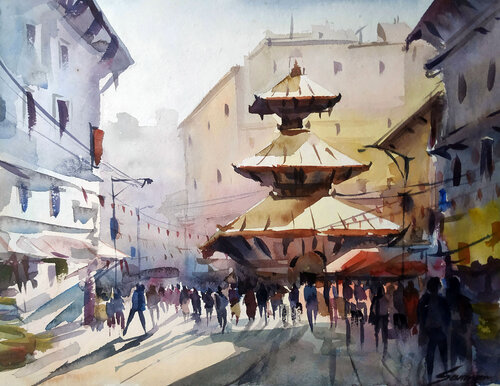 Street at Kathmandu by Samiran Sarkar, Painting for Sale on Singulart