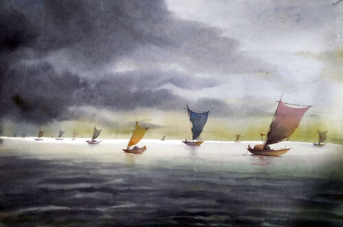 Stormy River & Fishing Boats by Samiran Sarkar, 종이 for Sale on Singulart