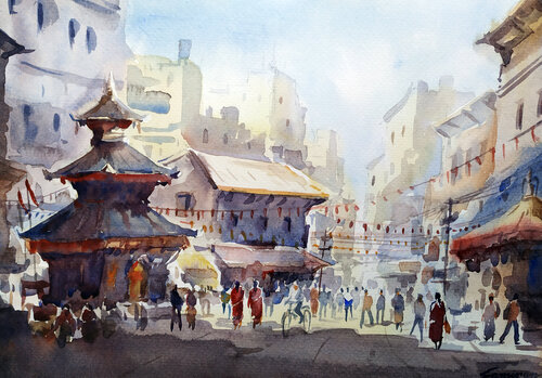 Morning Kathmandu Street by Samiran Sarkar, 회화 for Sale on Singulart