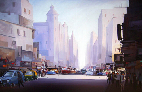 Early Morning Street par Samiran Sarkar, Peinture en vente sur Singulart