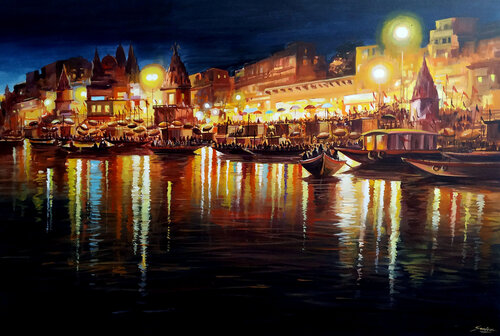 Night Varanasi Ghats par Samiran Sarkar, Peinture en vente sur Singulart