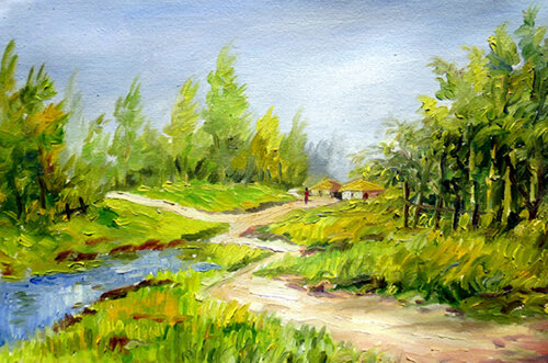 Village at Spring Time par Samiran Sarkar, Peinture en vente sur Singulart
