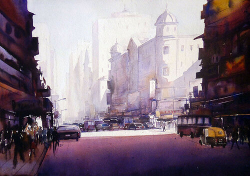 Early Morning City Street par Samiran Sarkar, Peinture en vente sur Singulart