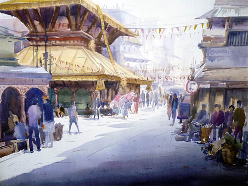 Morning Light Kathmandu Street par Samiran Sarkar, Peinture en vente sur Singulart