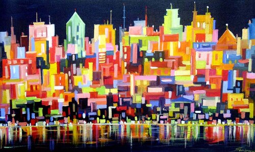 Night City Abstract Painting II by Samiran Sarkar, Painting for Sale on Singulart