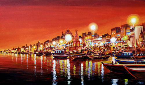 Beauty of Evening Varanasi Ghats di Samiran Sarkar, Pittura in vendita su Singulart