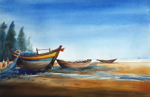 Fishing Boats at Seashore de Samiran Sarkar, Obra en papel a la venta en Singulart