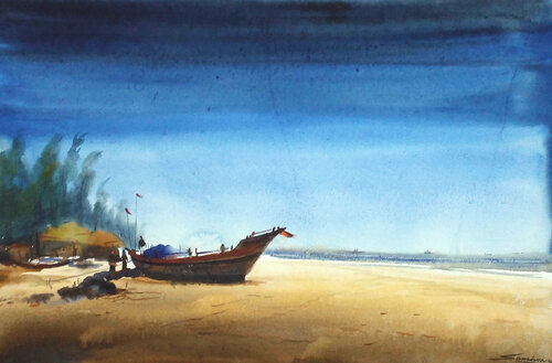 Fishing Boats at Morning Seashore de Samiran Sarkar, Obra en papel a la venta en Singulart