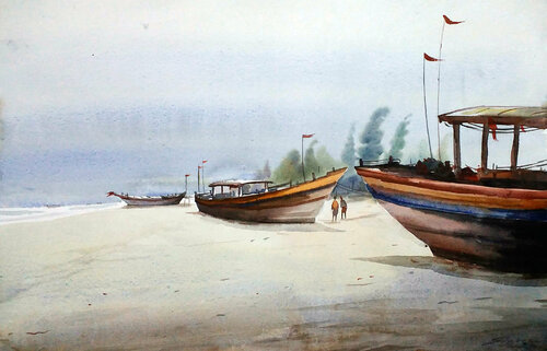 Fishing Boats at Morning Sea beach par Samiran Sarkar, Œuvre sur papier en vente sur Singulart