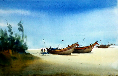 Monsoon Seashore & Fishing Boats de Samiran Sarkar, Obra en papel a la venta en Singulart