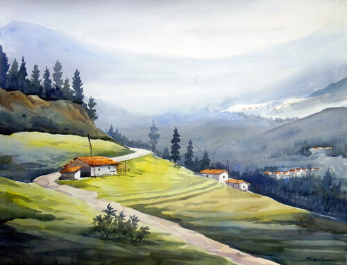 Beauty of Himalaya Village van Samiran Sarkar, Werk op papier te koop op Singulart