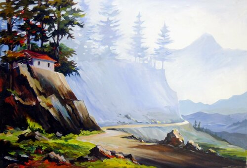 Mountain Road di Samiran Sarkar, Pittura in vendita su Singulart