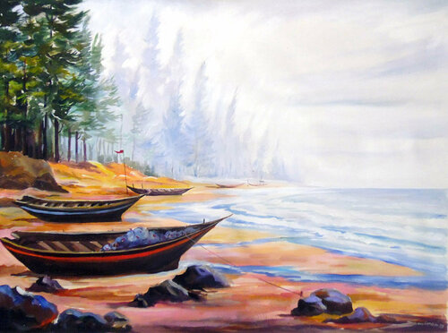 Fishing Boats at Seashore di Samiran Sarkar, Pittura in vendita su Singulart